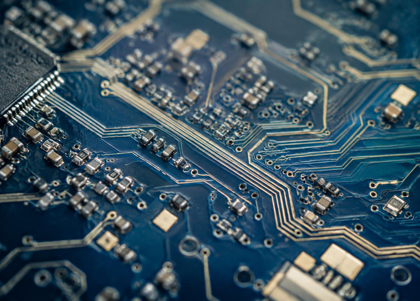 Macro view of a blue circuit board with fine copper traces