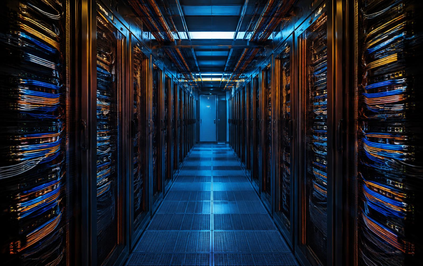 Corridor of server racks with neatly organised blue and copper cabling
