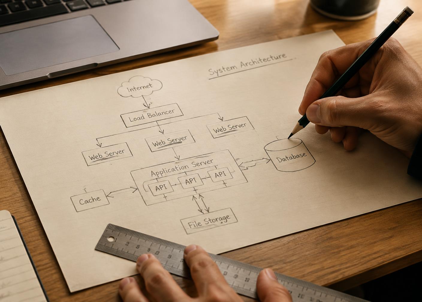 Hands sketching a system architecture diagram with pencil and ruler next to a laptop